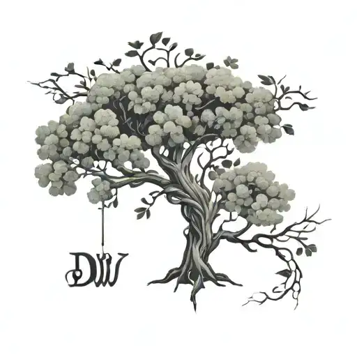 clover tree of life with hidden initials "D W" in branches tattoo design idea