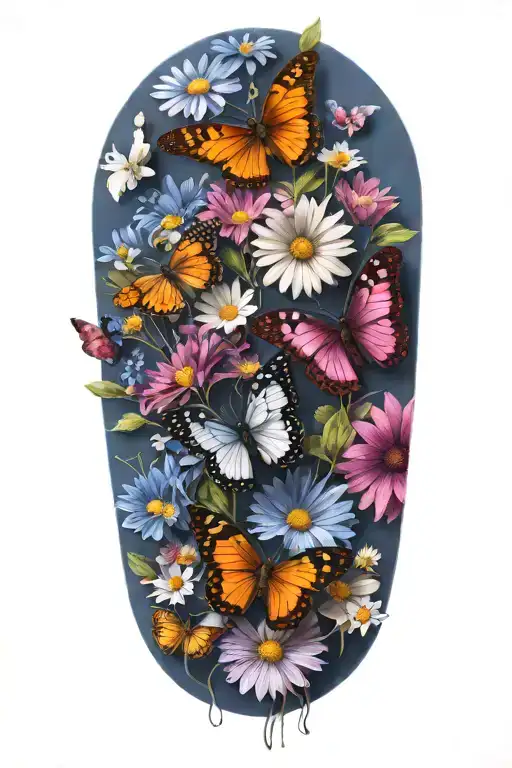 daisys, blue cosmos flowers, one purple butterfly tattoo design idea