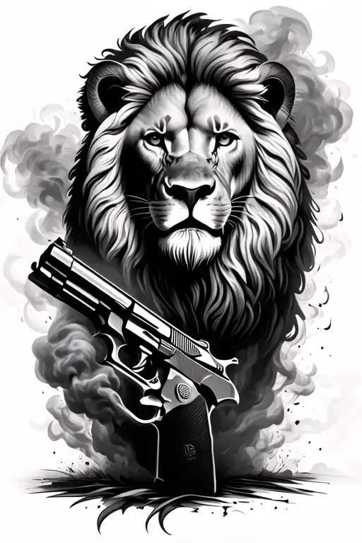 LION AND GUN . featuring the face of a majestic lion emerging partially from the smoke of a gunshot tattoo design idea