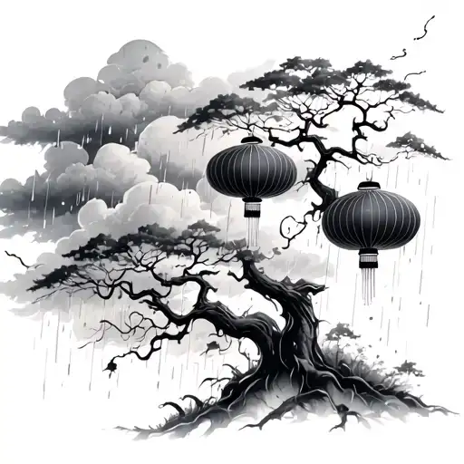 trees, clouds, wind, rain, 3 Chinese lanterns tattoo design idea