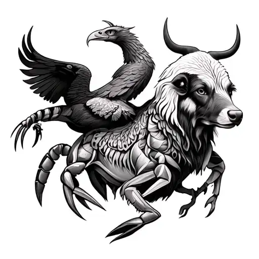 I need a full sleeve tattoo with realistic animals. It should include a scorpion, an ox, a dog, an eagle, and a phoenix. tattoo design idea