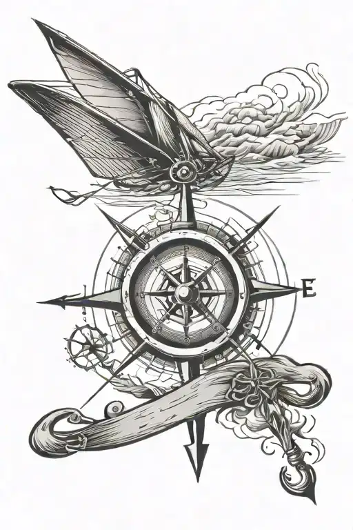 compass with the coordinates and an arrow with a sailing boat tattoo design idea
