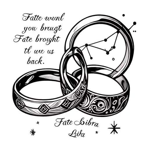 A constellation tattoo representing the zodiac signs of Aries and Libra intertwined with wedding rings and the quote 'Fate brought us back.' tattoo design idea
