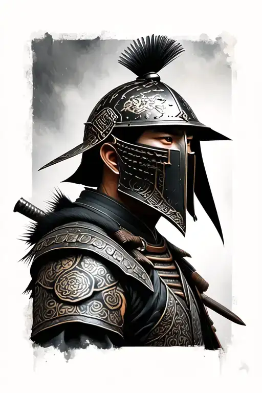 photo realistic ronin samurai warrior wearing a kabuto helmet with maedate crest tattoo design idea