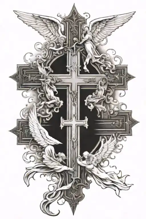 christian cross surronded by angels with heaven vs hell tattoo design idea