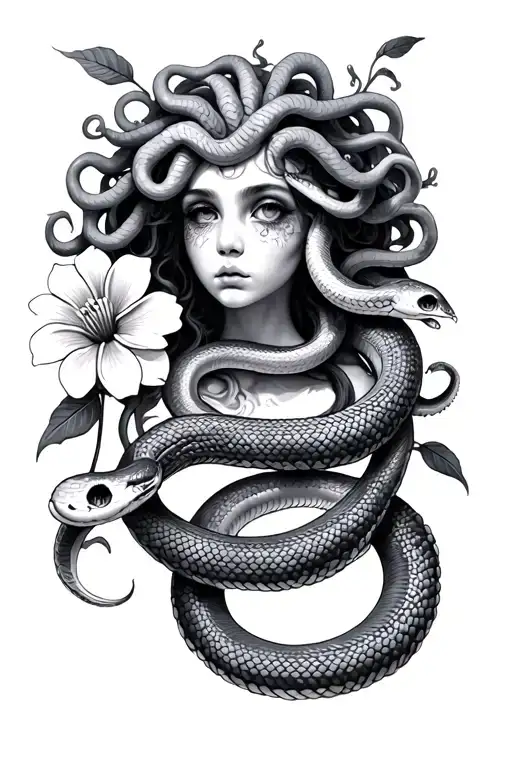 Small medusa tattoo no eyes four snakes and one flower tattoo design idea