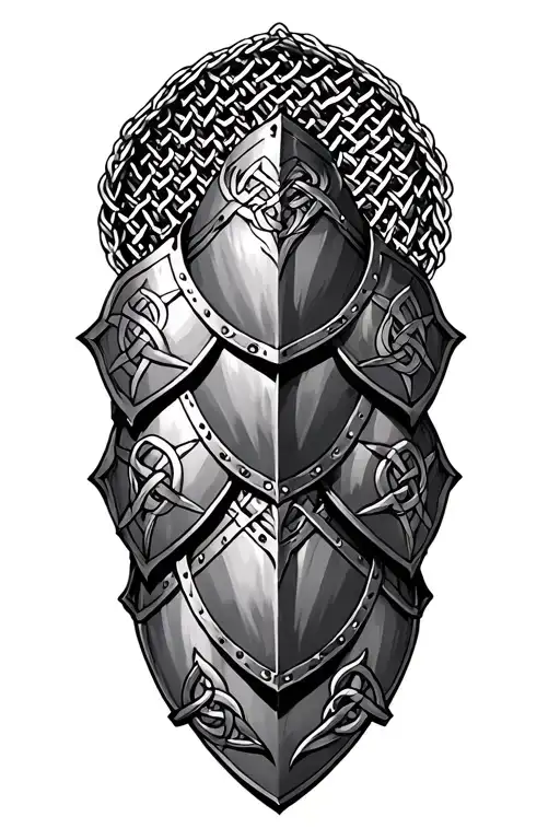 three overlapping armor shoulder sections with celtic knots. behind the armor is chainmail. medieval, gothic tattoo design idea