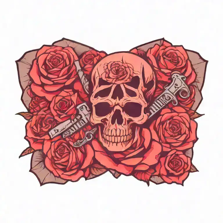 roses and guns and a sword and a skull tattoo design idea