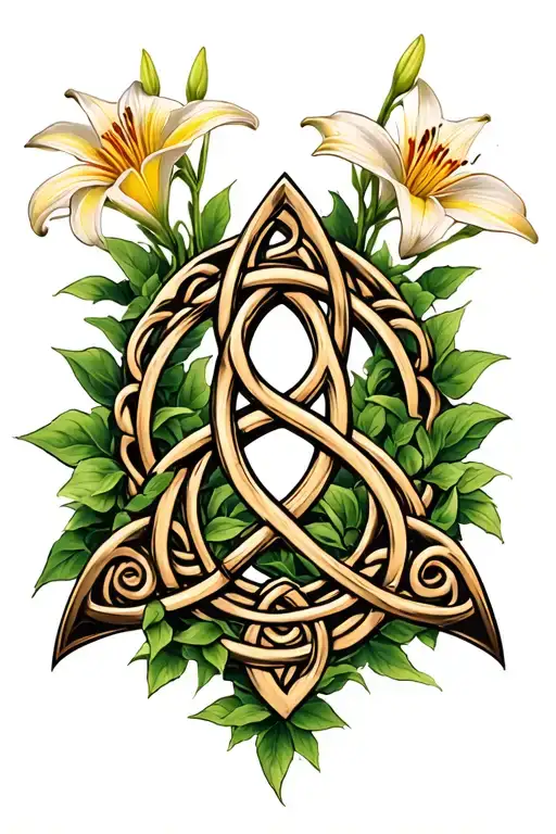 celtic triquetra knot with vines and lilys tattoo design idea