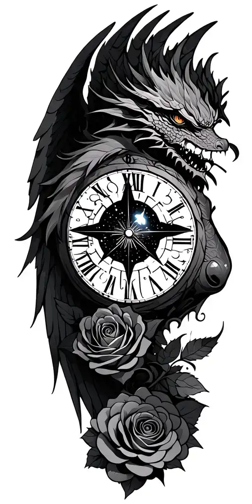 chaos star constellation, clock face, dragon wrapped, roses, angel wings, eye tattoo design idea