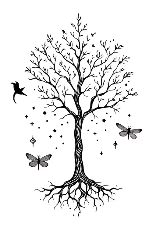 earthy, has small tree, roots, celestial, astronomy, hippie, back tattoo, nature, earthy, dragonfly, butterfly, birds, n tattoo design idea