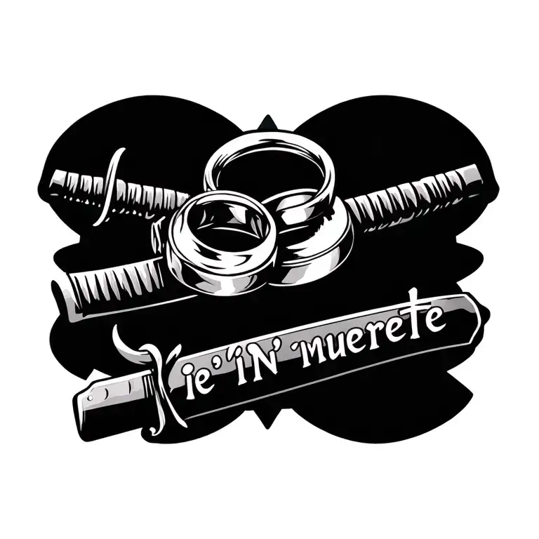 Two Wedding Rings on a blade of a katana sword with a phrase: in life 'in muerte tattoo design idea