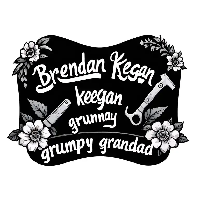 "Brendan keegan grumpy grandad" grandparents names with tools anround grandads name and flowers beside nanas tattoo design idea