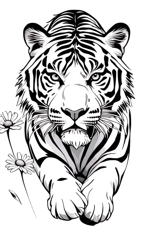 tiger walking in daisies floating tattoo design idea