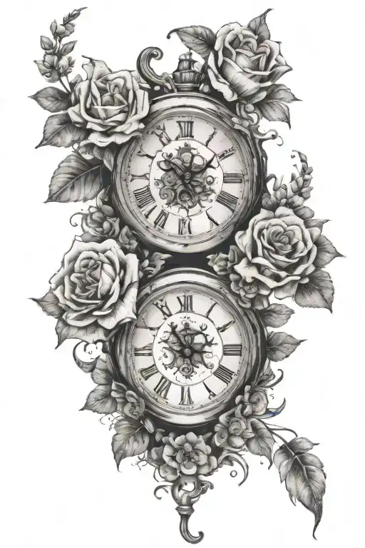 3 birth clocks surrounded by flowers tattoo design idea