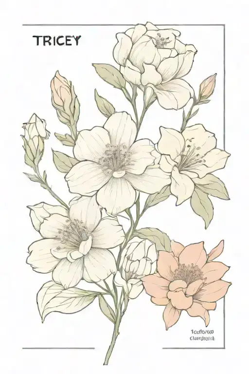 fine line tattoo design with boquet of birth month flowers for may, june, july, august, and September for tricep tattoo design idea