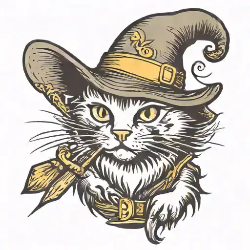 cat witch with stick and hat tattoo design idea