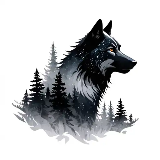 Wolf silhouette with trees and space  tattoo design idea
