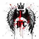 angel wings with DTC write between and a crown on top tattoo design idea