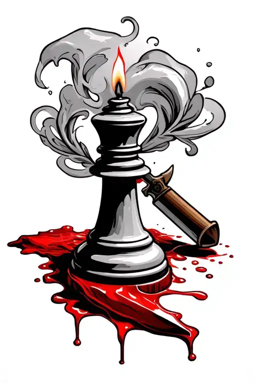 Bishop chess piece with candle wick & smoke coming from it red candle wax down flowing knife coming out the side tattoo design idea