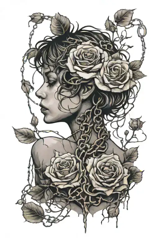 Silhouette of a girl with short hair, bare chest, roots growing out of chains, roses, decaying flesh tattoo design idea