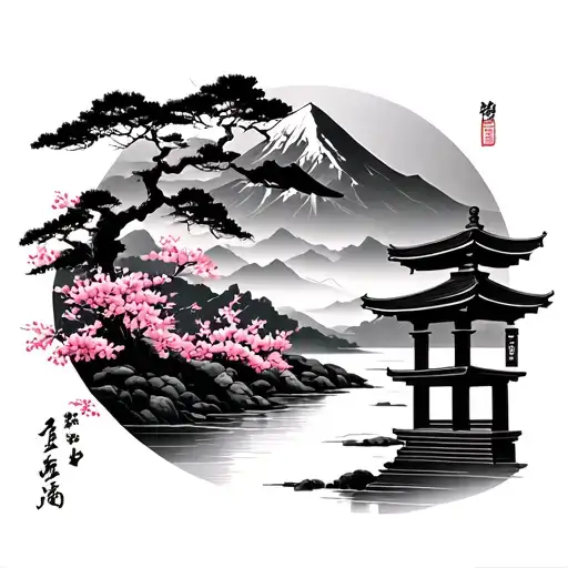 A mountain in the background with a river, sakura and a Japanese tori in the foreground tattoo design idea