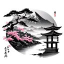 A mountain in the background with a river, sakura and a Japanese tori in the foreground tattoo design idea