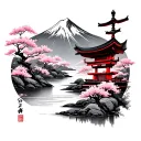 A mountain in the background with a river, sakura and a Japanese tori in the foreground tattoo design idea