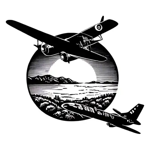 A silhouette of a vintage airplane flying over a stunning landscape at sunrise tattoo design idea