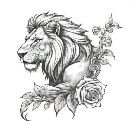 lion biting a rose tattoo design idea