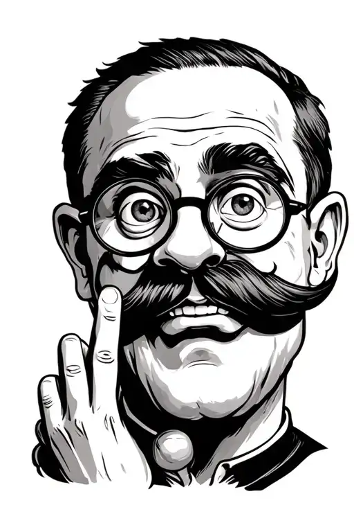 cartoon face of man with mustache, big giant nose and tiny glasses raising his left hand with a giant indexfinger  tattoo design idea