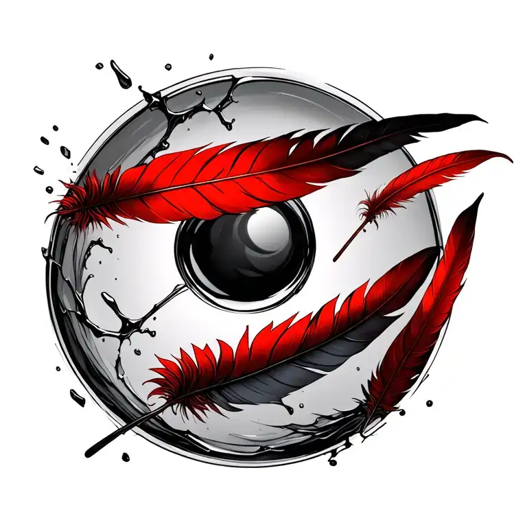 3 black glass shatters and 3 red feathers going in cyrcles drawn style tattoo design idea