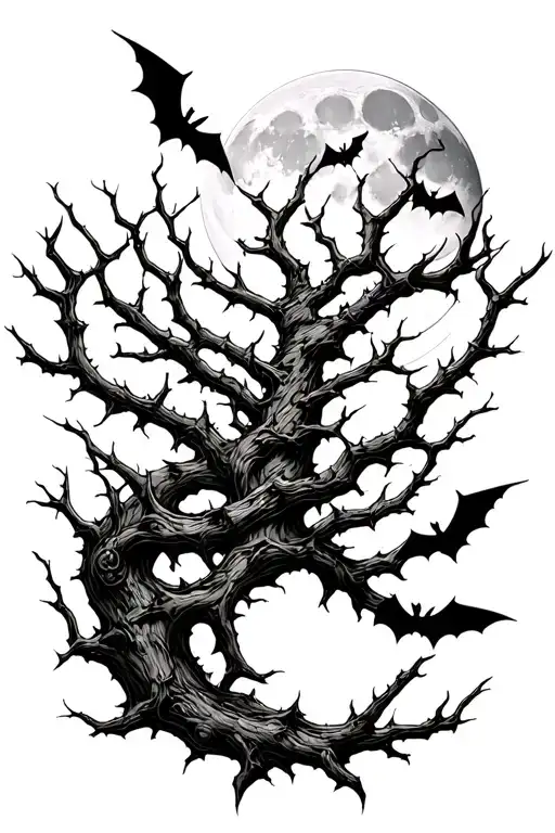 poison tree with thorns wrapped around with moon and bats tattoo design idea