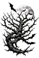 poison tree with thorns wrapped around with moon and bats tattoo design idea