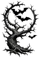 poison tree with thorns wrapped around with moon and bats tattoo design idea
