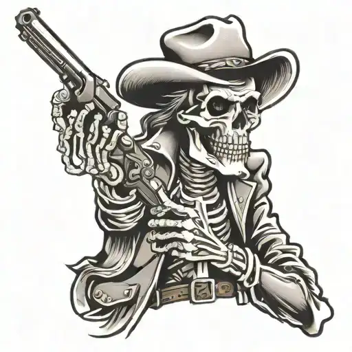 cowboy skeleton holding revolver tattoo design idea