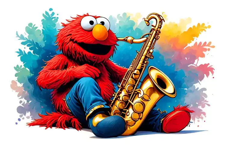 Elmo sitting playing a saxophone tattoo design idea