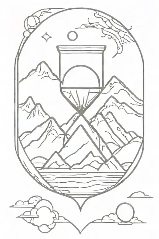 mountain landscape planets hourglass tattoo design idea