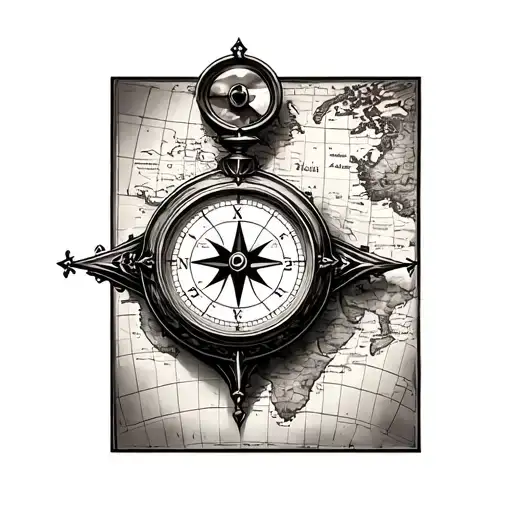 compass with an antique clock on a map tattoo design idea