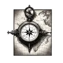 compass with an antique clock on a map tattoo design idea