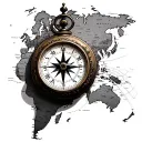 compass with an antique clock on a map tattoo design idea