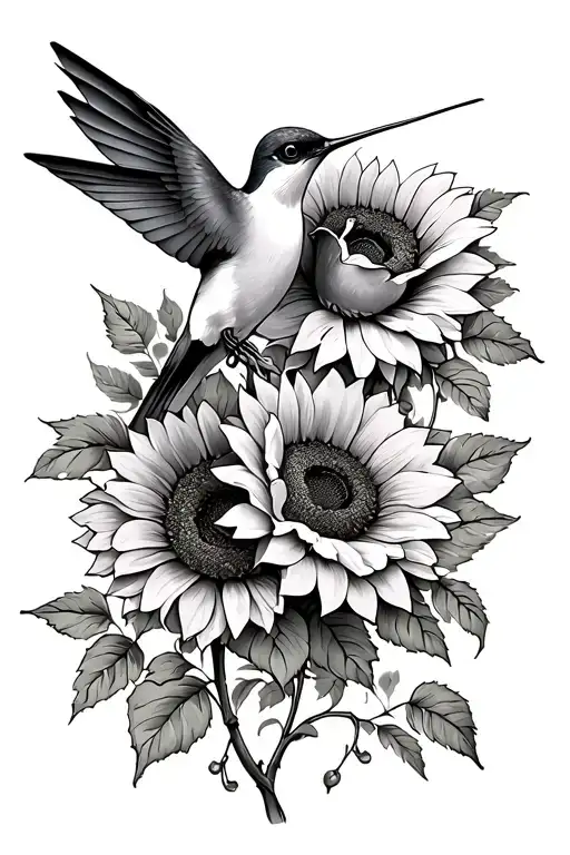 humming bird, roses, sunflowers long greens stems tattoo design idea