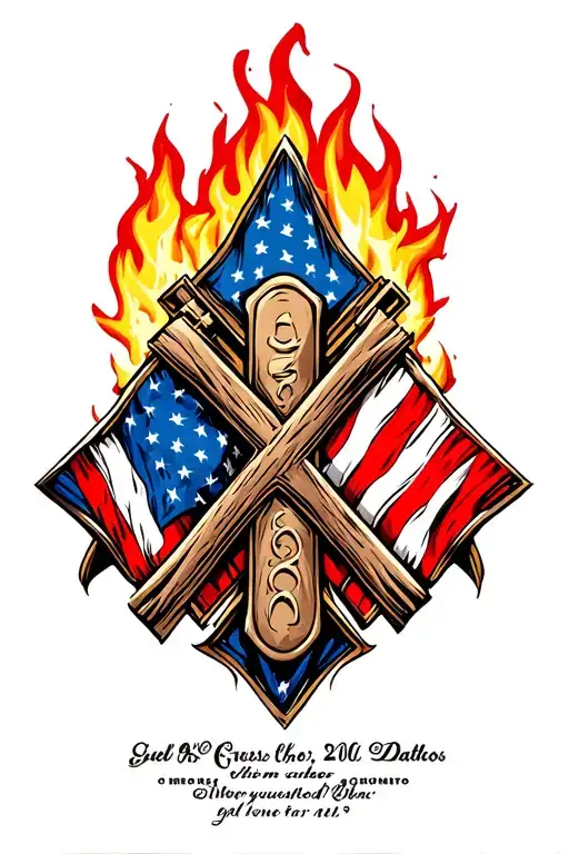 firefighter cross intertwined with American and Canadian flag with a fire background tattoo design idea