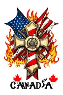 firefighter cross intertwined with American and Canadian flag with a fire background tattoo design idea