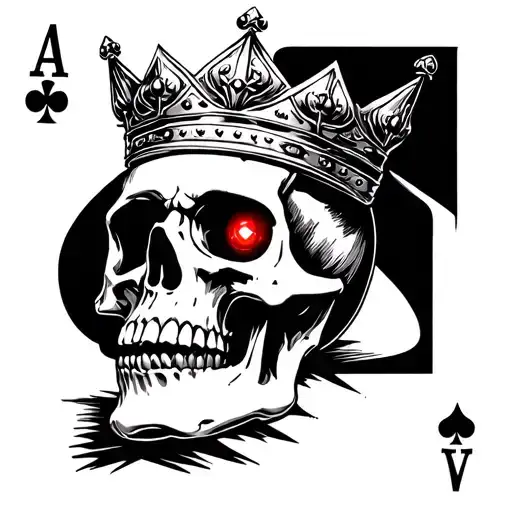skull with a kings crown and Ace of spades playing card with red glowing eyes tattoo design idea