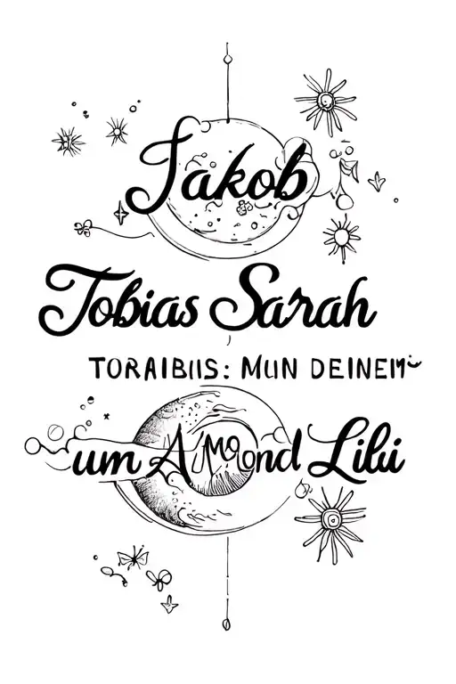 "Jakob Tobias Sarah" Sun And Moon und Lili name tattoo design idea