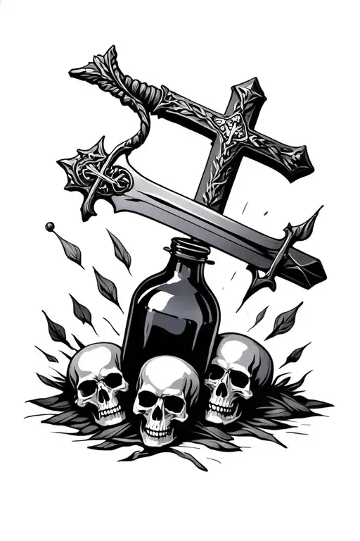 Jesus cross, bottle, sword, skulls surrounded tattoo design idea