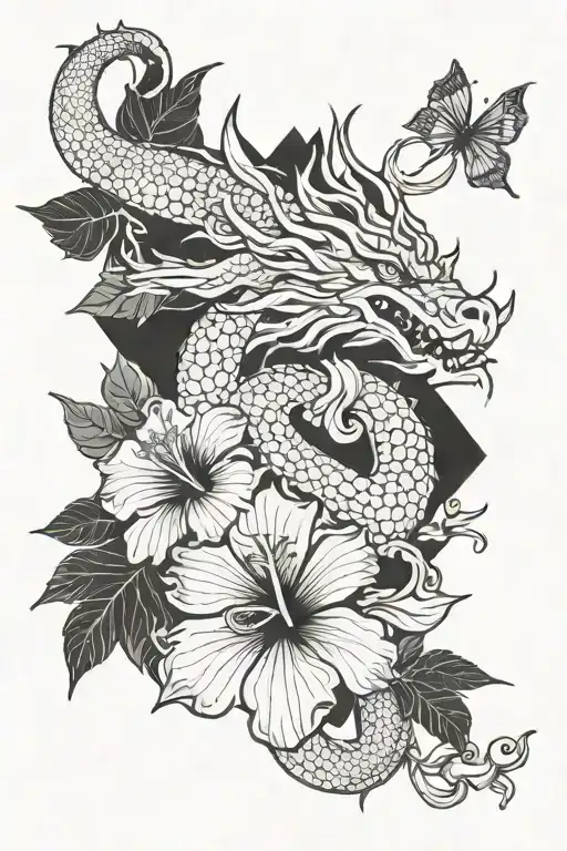 non Japanese dragon and hibiscus flower tattoo design idea