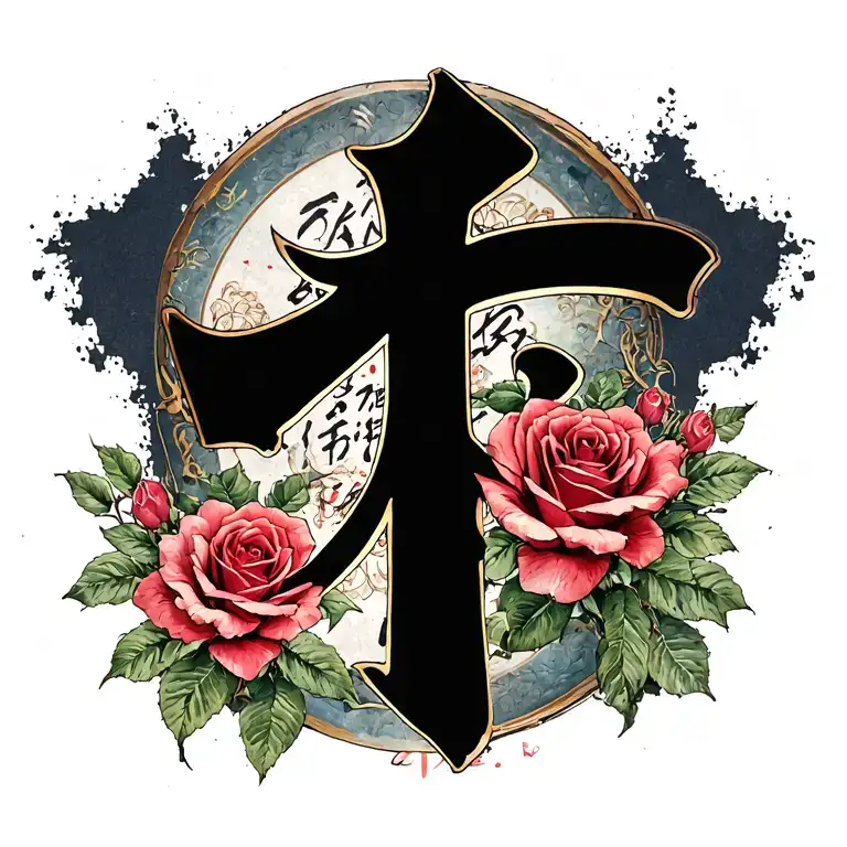 cross and roses and Japanese letters  tattoo design idea