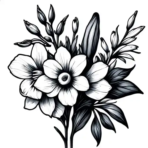 honeysuckle, snowdrop, sweet pea, and narcissus flower bouquet tattoo design idea